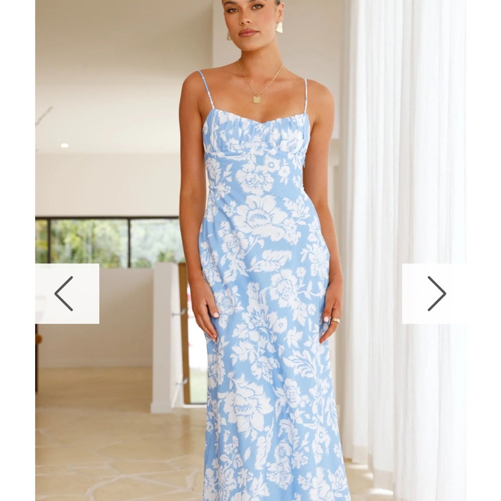 Blue and White Ruched Spaghetti Strap Midi Dress